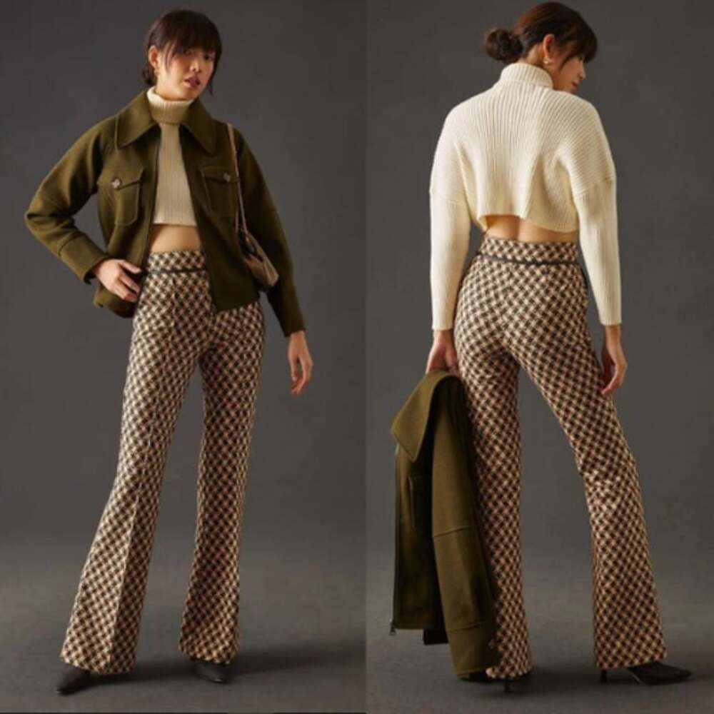 Maeve Anthropologie High-Rise Ponte Flare Pants Women's Size 0 Brown Geo Print